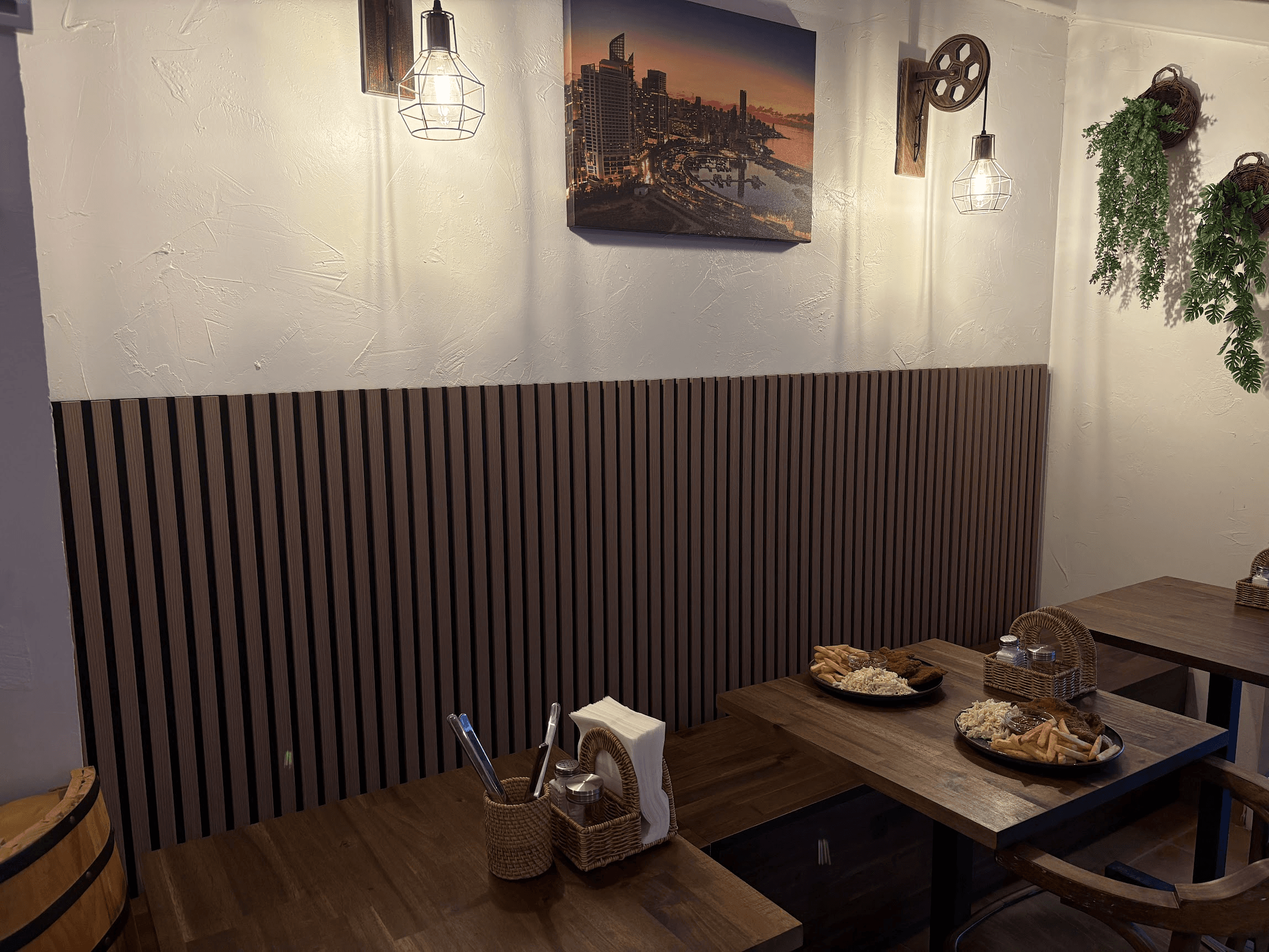 Restaurant interior with warm lighting